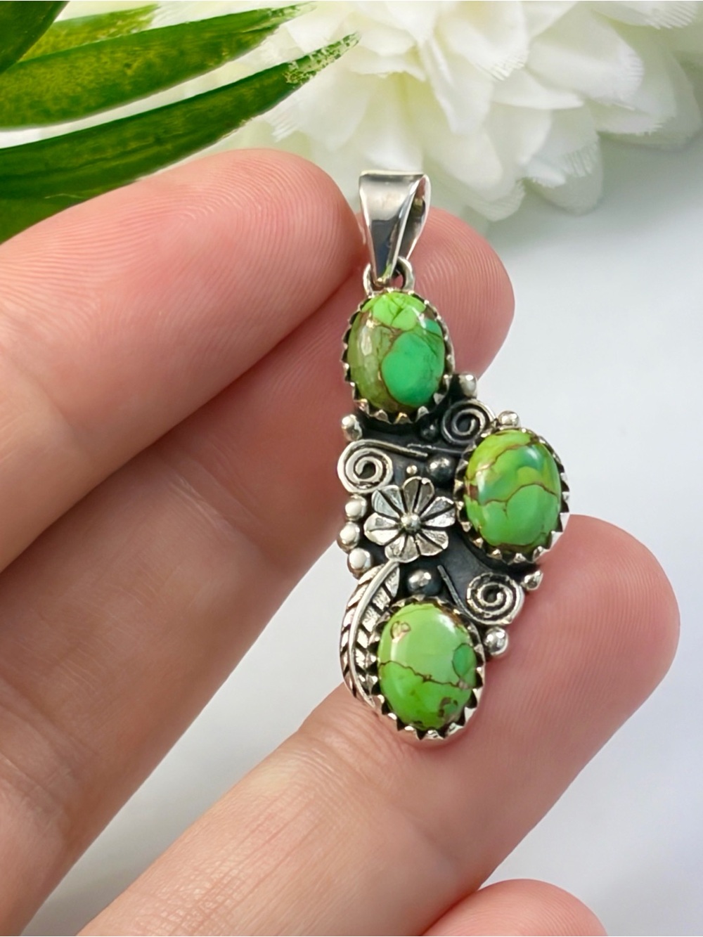 Pure Sterling Silver 925 Genuine Kingman Green Copper Turquoise Pendant Flower